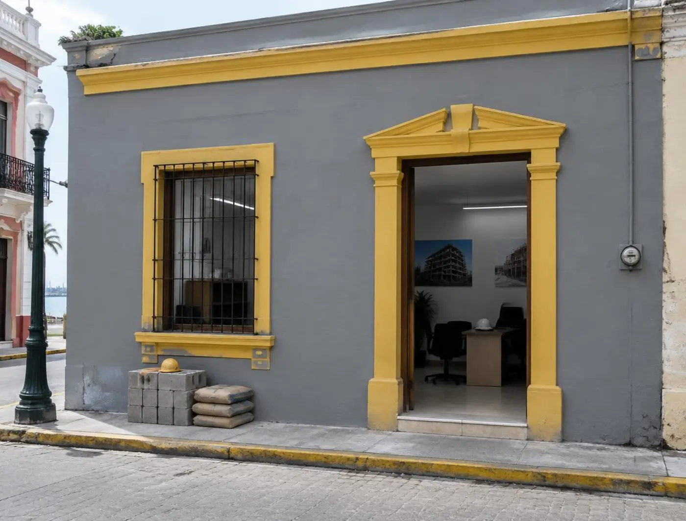 Fachada de oficina en calle del Centro de Tampico, muro gris con marcos amarillos (imagen ilustrativa)
